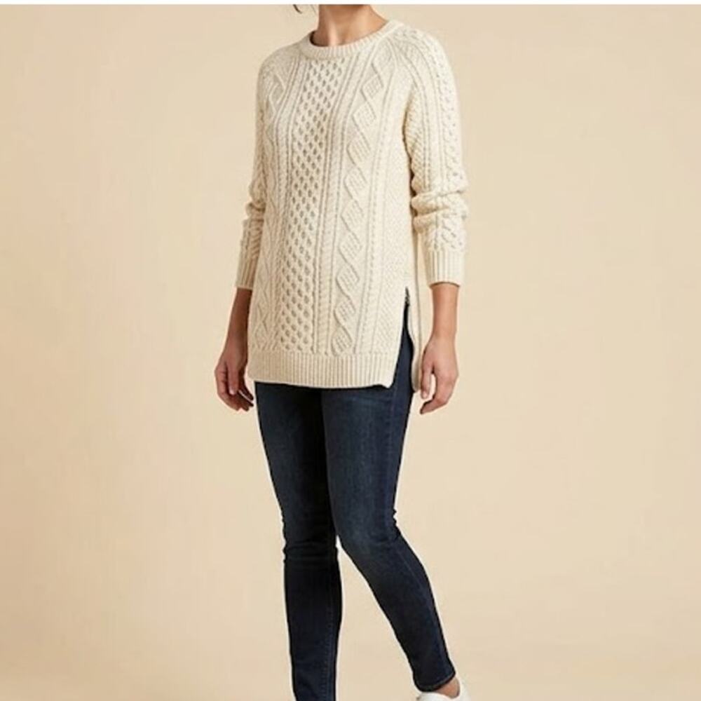 L.L. Bean Signature Fisherman Tunic Sweater M Side Zip Cream Cotton Cable Knit